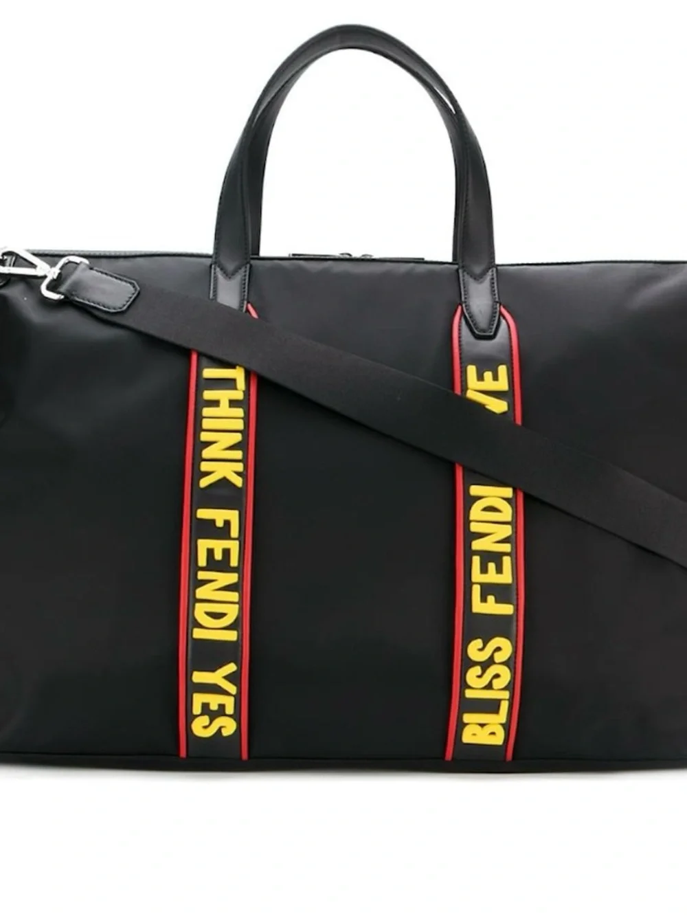 Fendi Black Duffel Bag with Yellow and Red Logo Straps